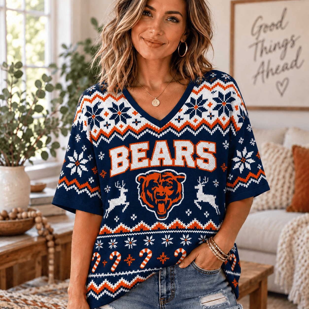 Chicago Bears NFL Woman V-Neck Christmas For Fan
