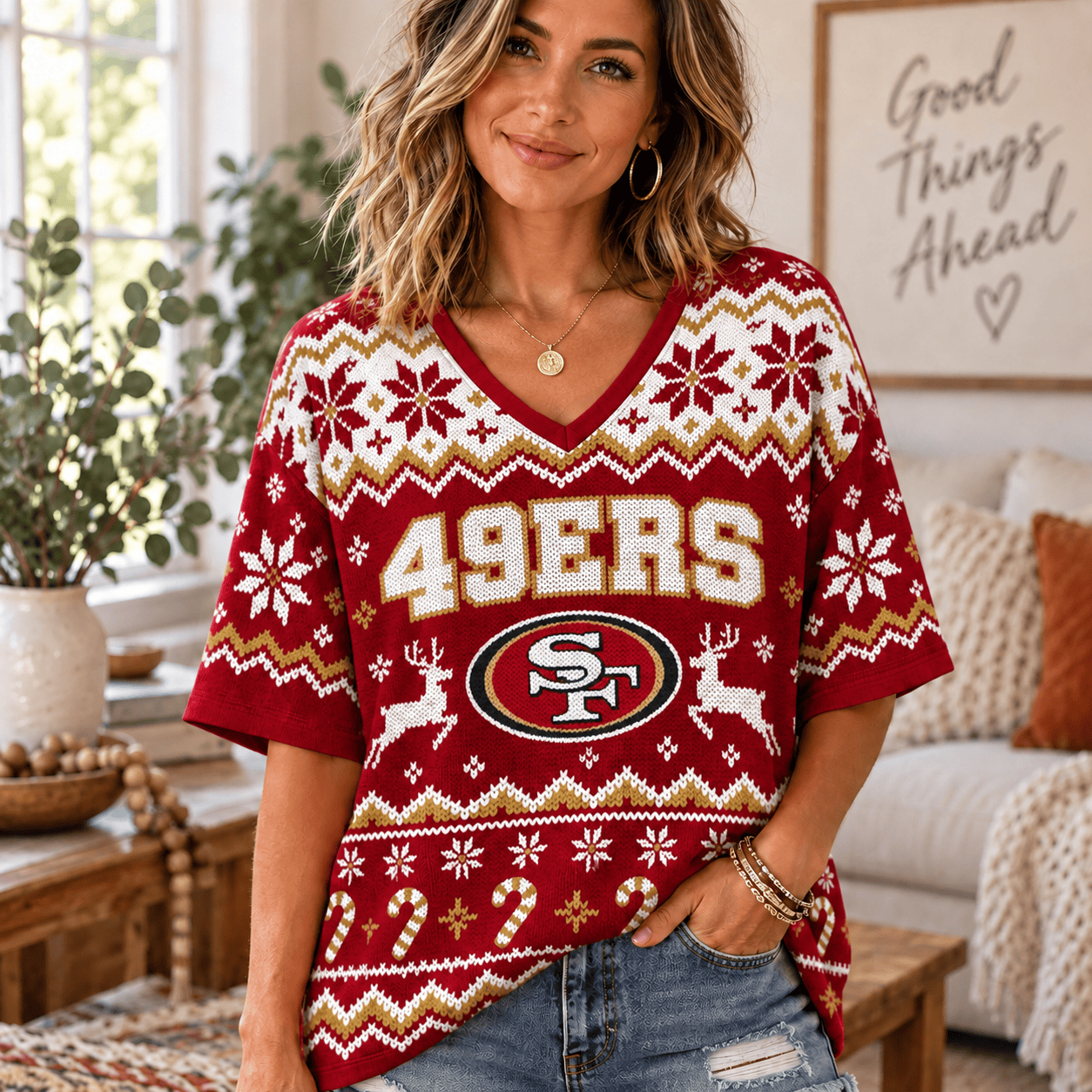 San Francisco 49ers NFL Woman V-Neck Christmas For Fan