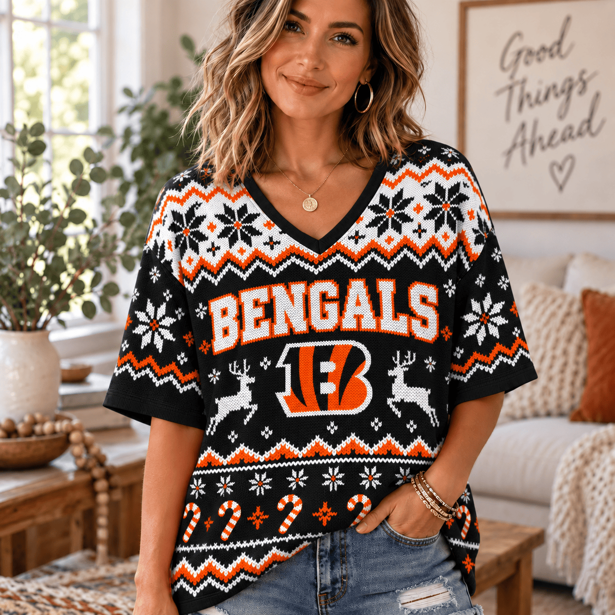Cincinnati Bengals NFL Woman V-Neck Christmas For Fan