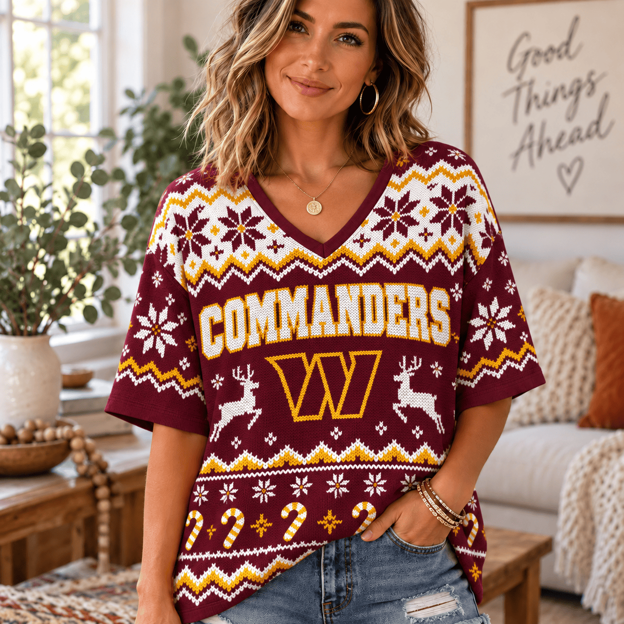 Washington Commanders NFL Woman V-Neck Christmas For Fan