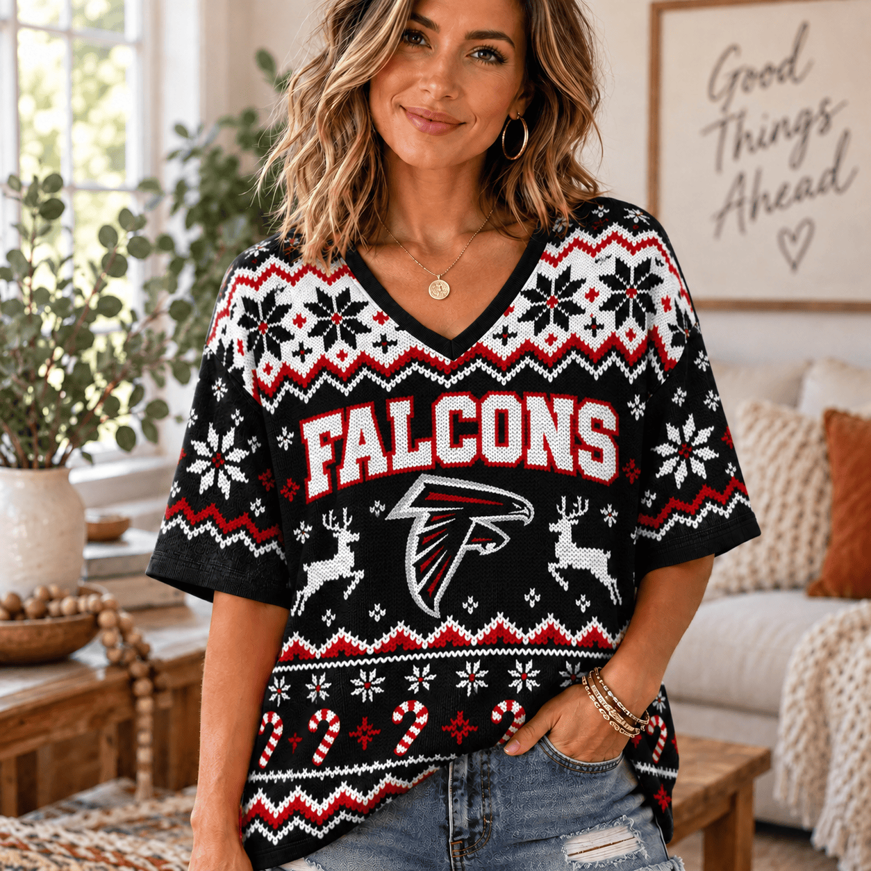 Atlanta Falcons NFL Woman V-Neck Christmas For Fan