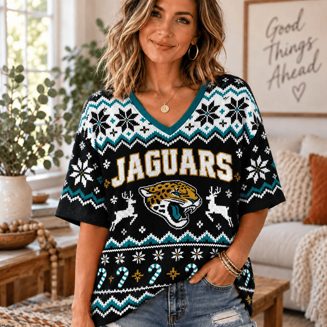 Jacksonville Jaguars NFL Woman V-Neck Christmas For Fan