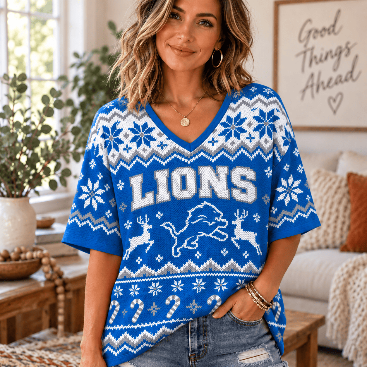 Detroit Lions NFL Woman V-Neck Christmas For Fan