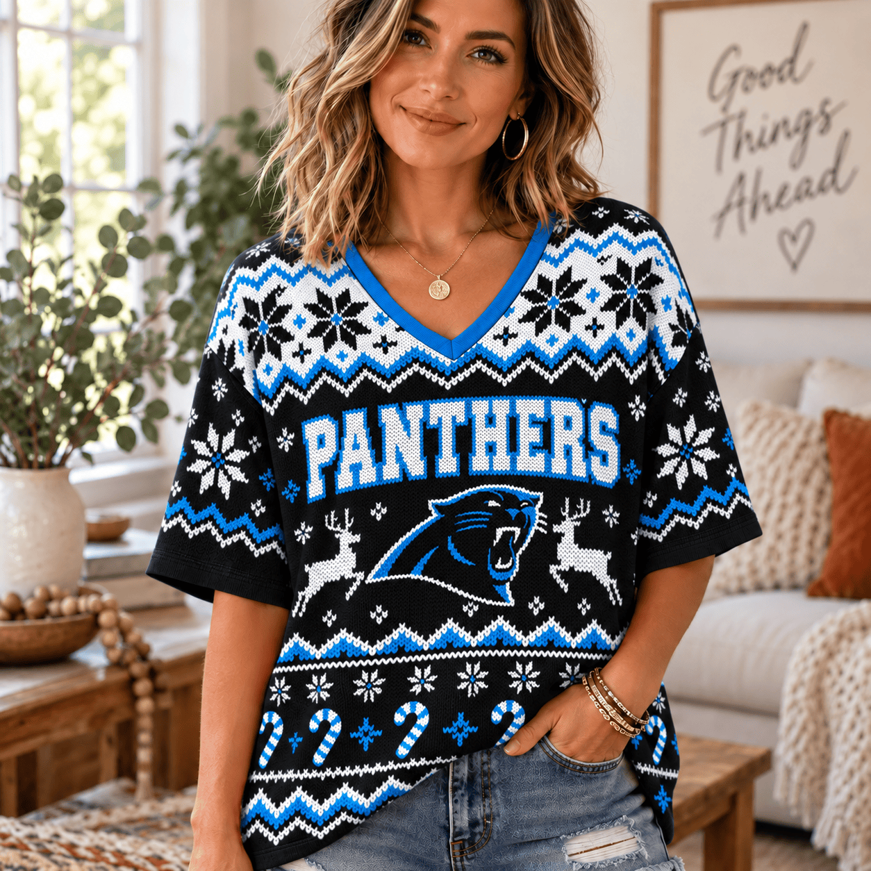 Carolina Panthers NFL Woman V-Neck Christmas For Fan