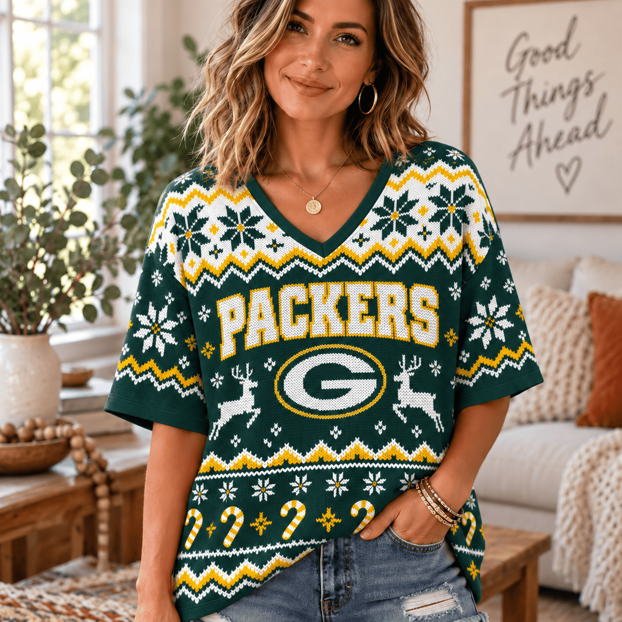Green Bay Packers NFL Woman V-Neck Christmas For Fan