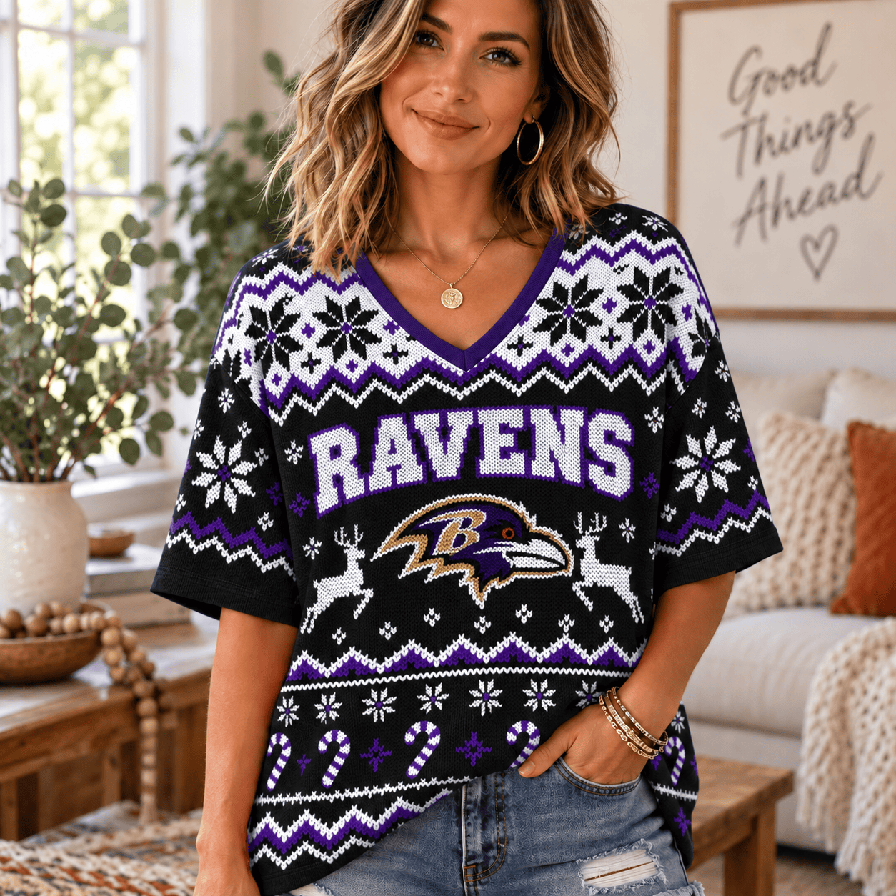 Baltimore Ravens NFL Woman V-Neck Christmas For Fan