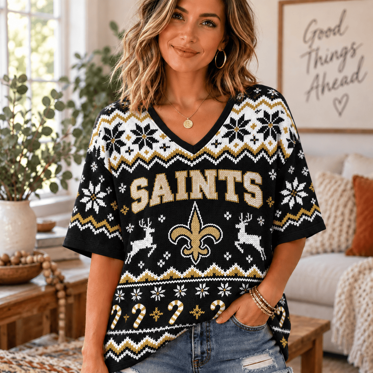 New Orleans Saints NFL Woman V-Neck Christmas For Fan