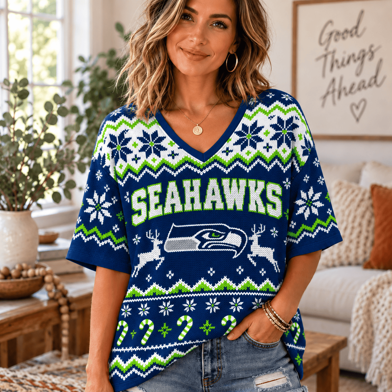 Seattle Seahawks NFL Woman V-Neck Christmas For Fan