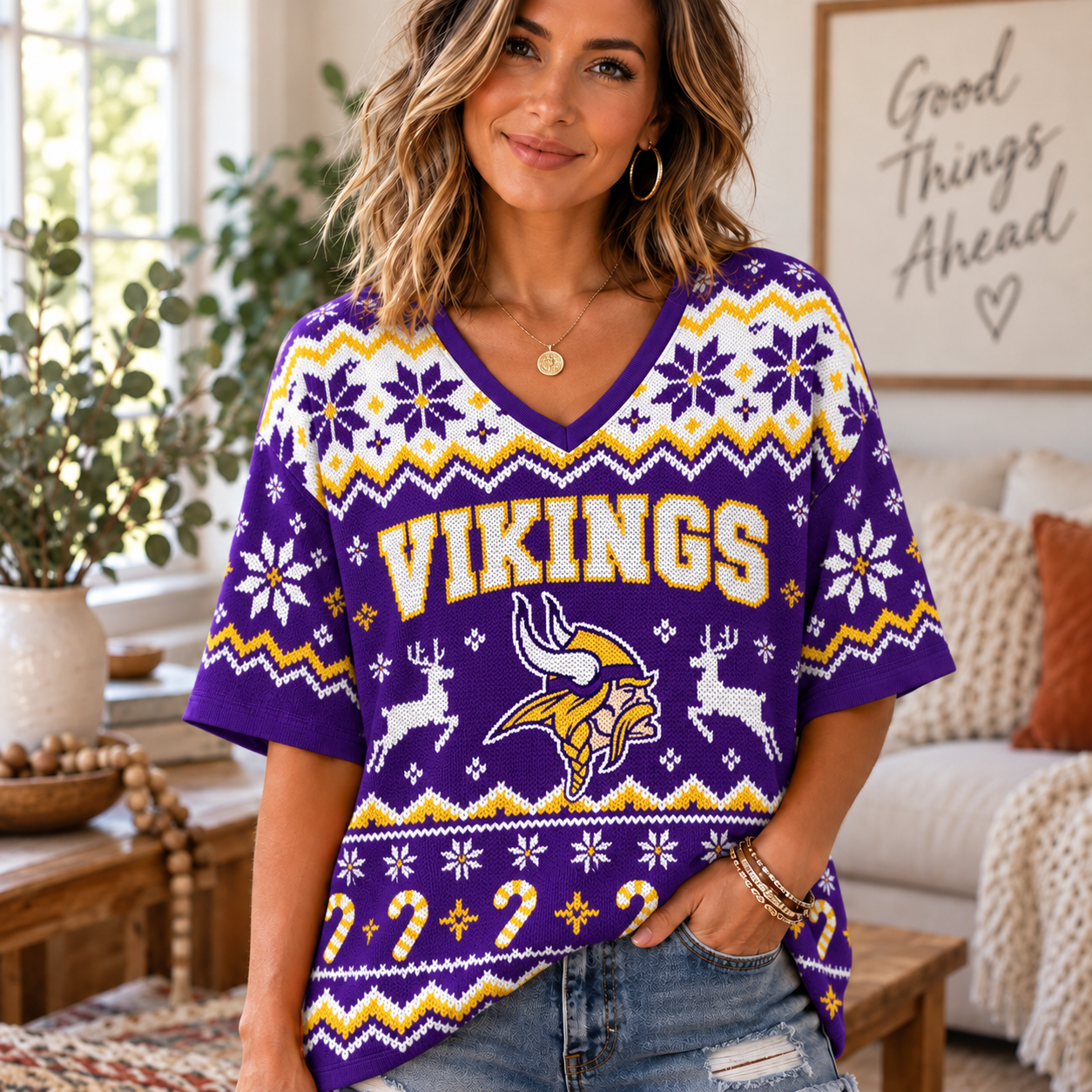Minnesota Vikings NFL Woman V-Neck Christmas For Fan