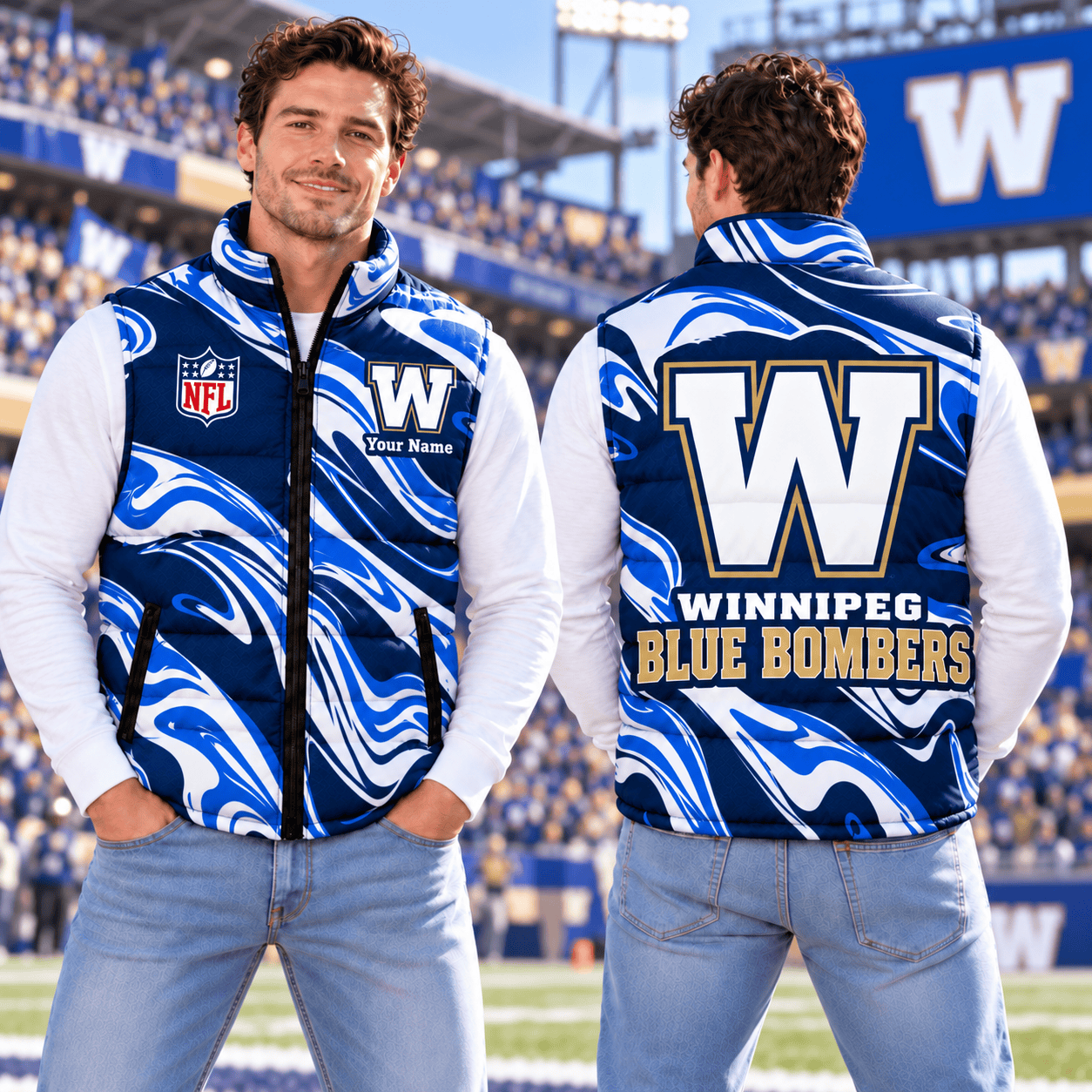 Winnipeg Blue Bombers CFL Puffer Jacket Custom Name For Fan