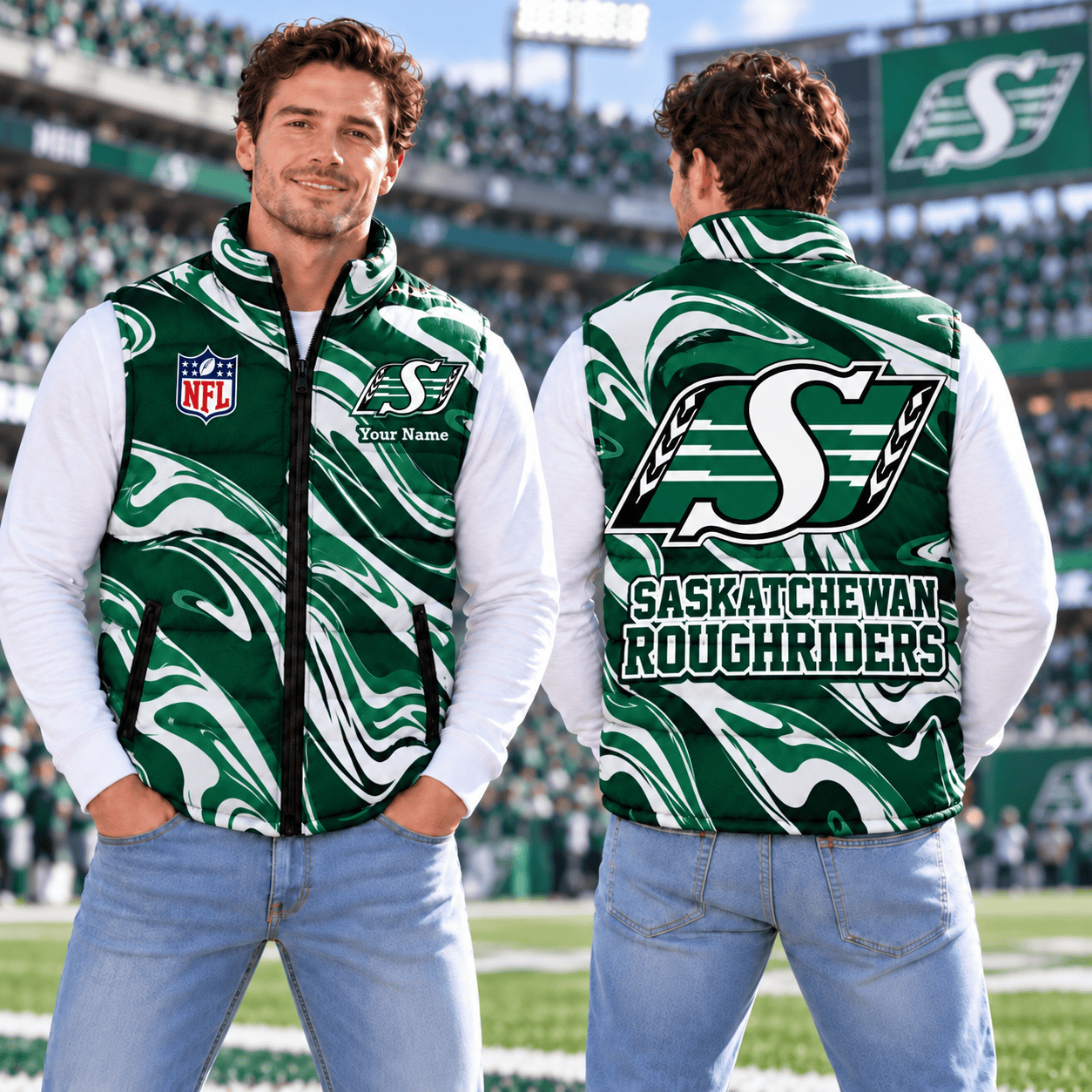 Saskatchewan Roughriders CFL Puffer Jacket Custom Name For Fan
