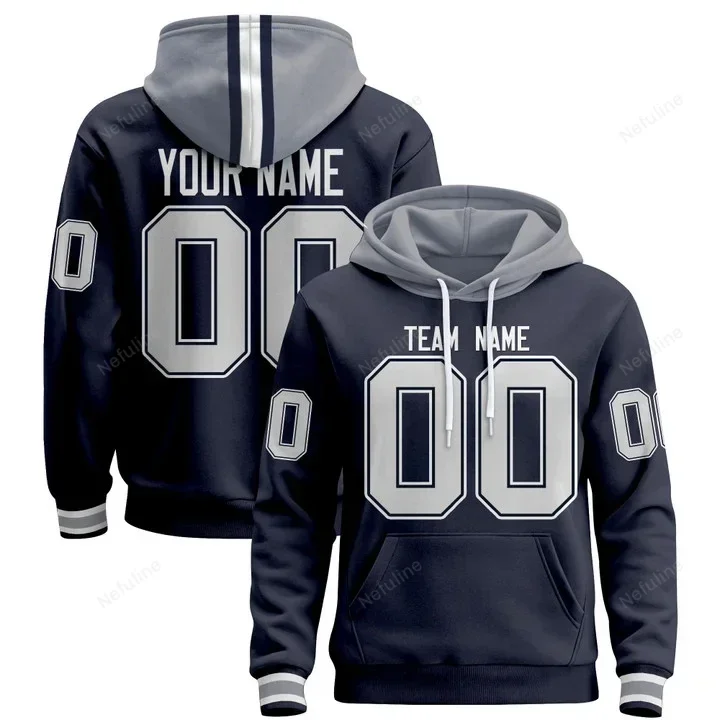 Navy Gray Custom Name & Number Pullover Hoodie D0011