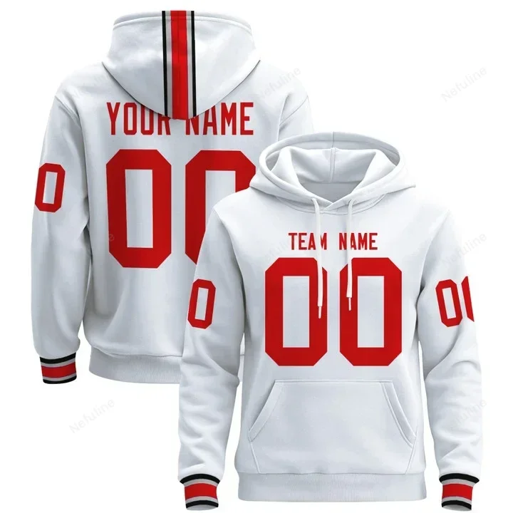 White Red Custom Name & Number Pullover Hoodie D0008