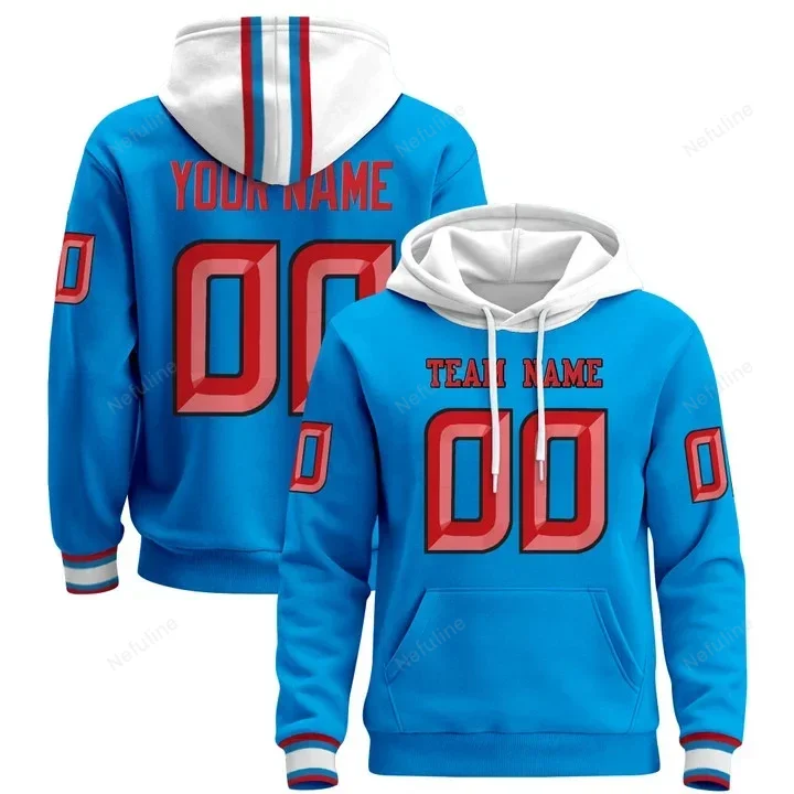 Blue Red Custom Name & Number Pullover Hoodie D0007