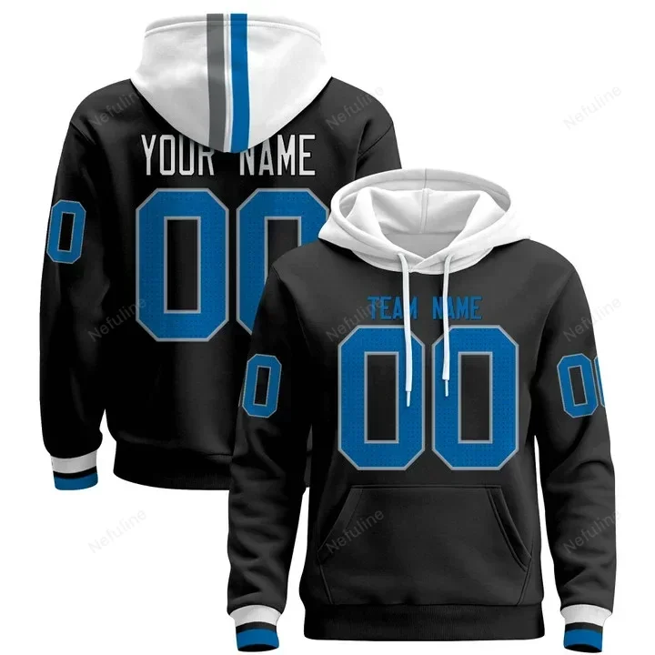Black Blue Custom Name & Number Pullover Hoodie D0004