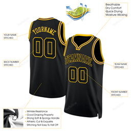 Black Black Gold Round Neck Custom Name & Number Basketball Jersey D0052