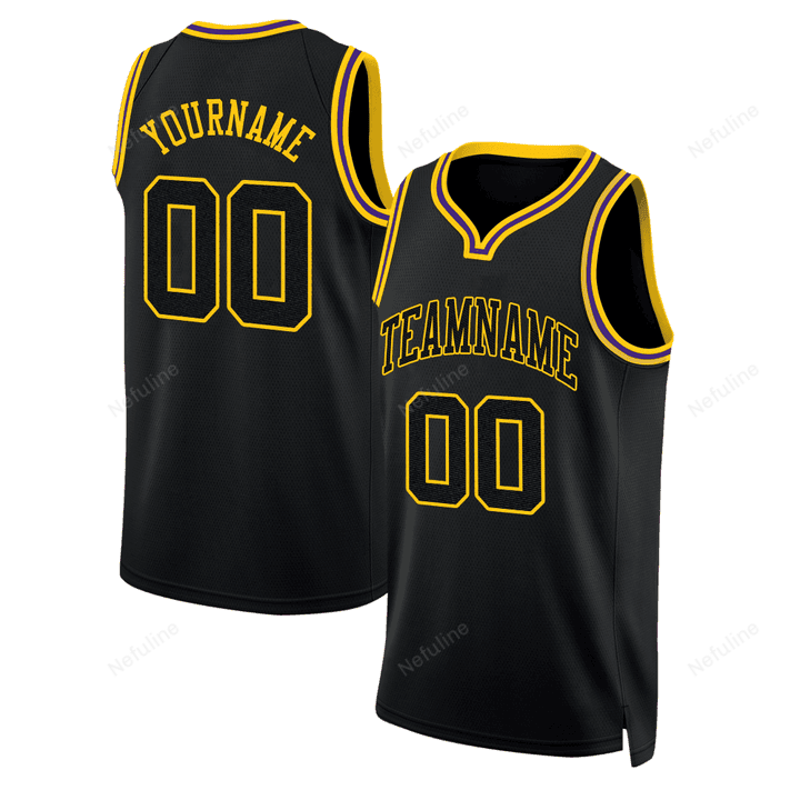 Black Black Gold Round Neck Custom Name & Number Basketball Jersey D0052