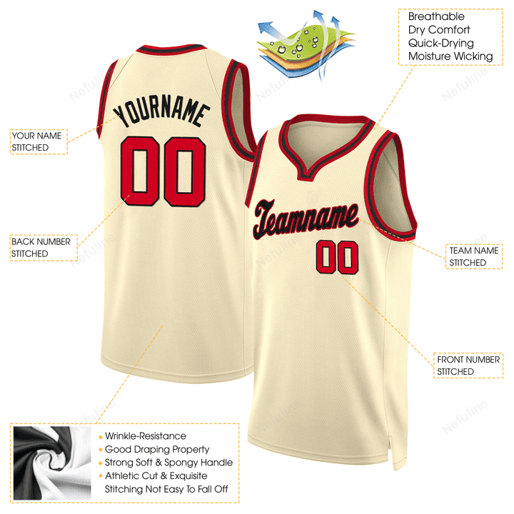 Cream Red Black Round Neck Custom Name & Number Basketball Jersey D0054