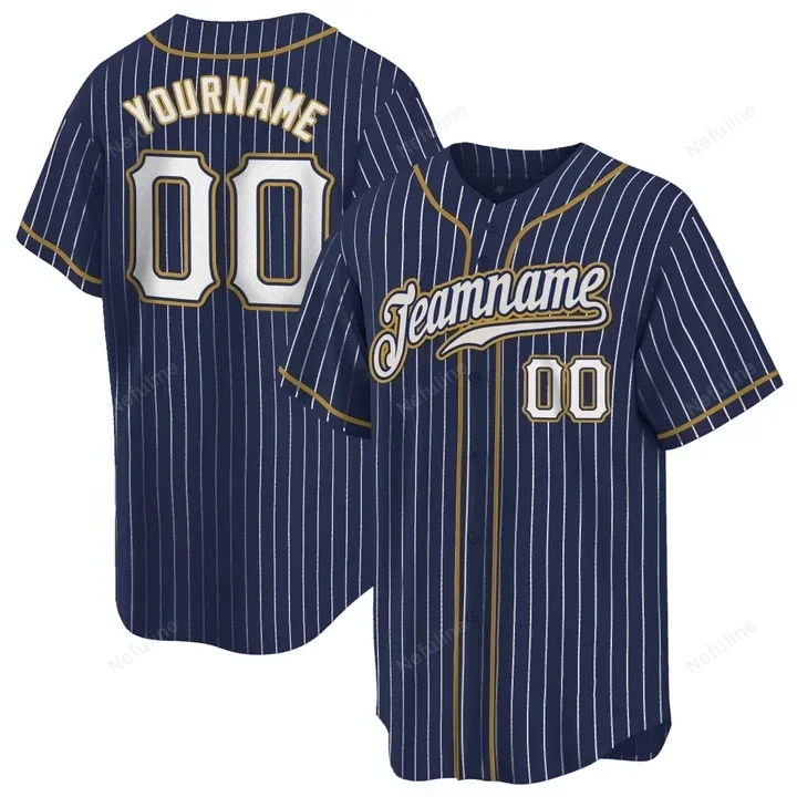 Navy White Pinstripe White Old Gold Custom Name & Number Baseball Jersey D0032
