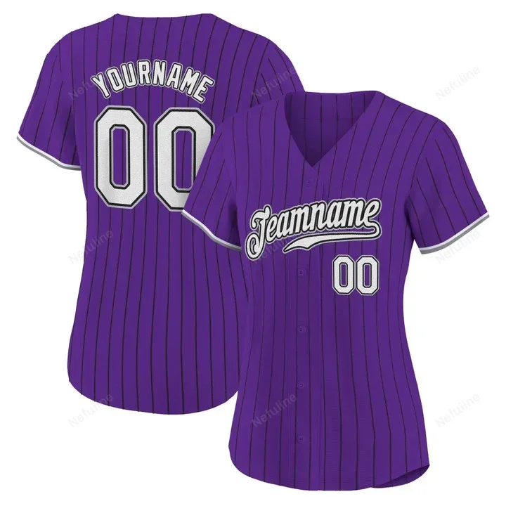 Purple Black Pinstripe White Gray Custom Name & Number Baseball Jersey D0045