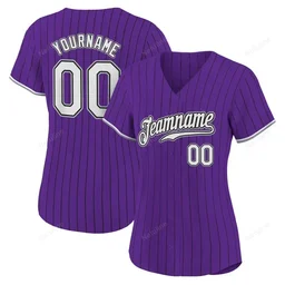 Purple Black Pinstripe White Gray Custom Name & Number Baseball Jersey D0045