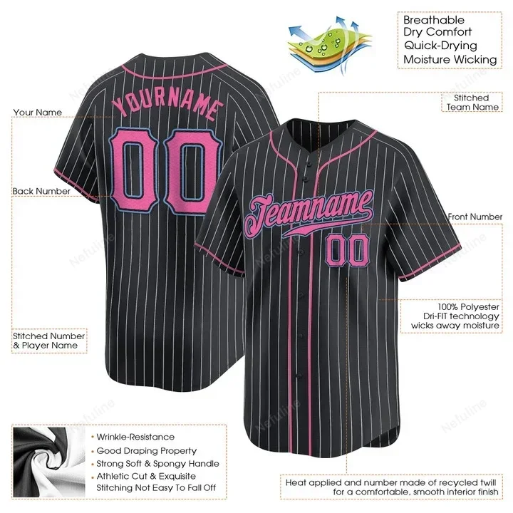 Black White Pinstripe Pink-Light Blue Custom Name & Number Baseball Jersey D0050