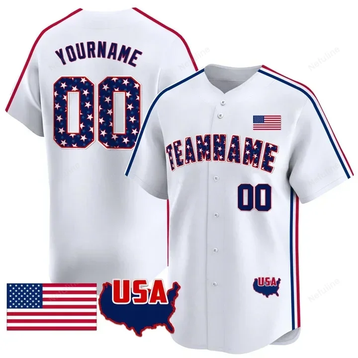 White Royal Red Stars & Stripes Pattern Custom Name & Number Baseball Jersey D0029