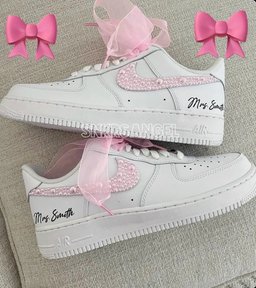 Custom Air Force 1 White Pink Pearl Embellishment With Bow