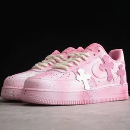 Custom Air Force 1 Baby Pink with Crosses and Splatter Design - view 2