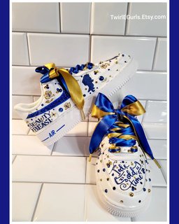 Custom Air Force 1 White Blue Gold with Beauty and the Beast Theme and Rhinestones - view 2