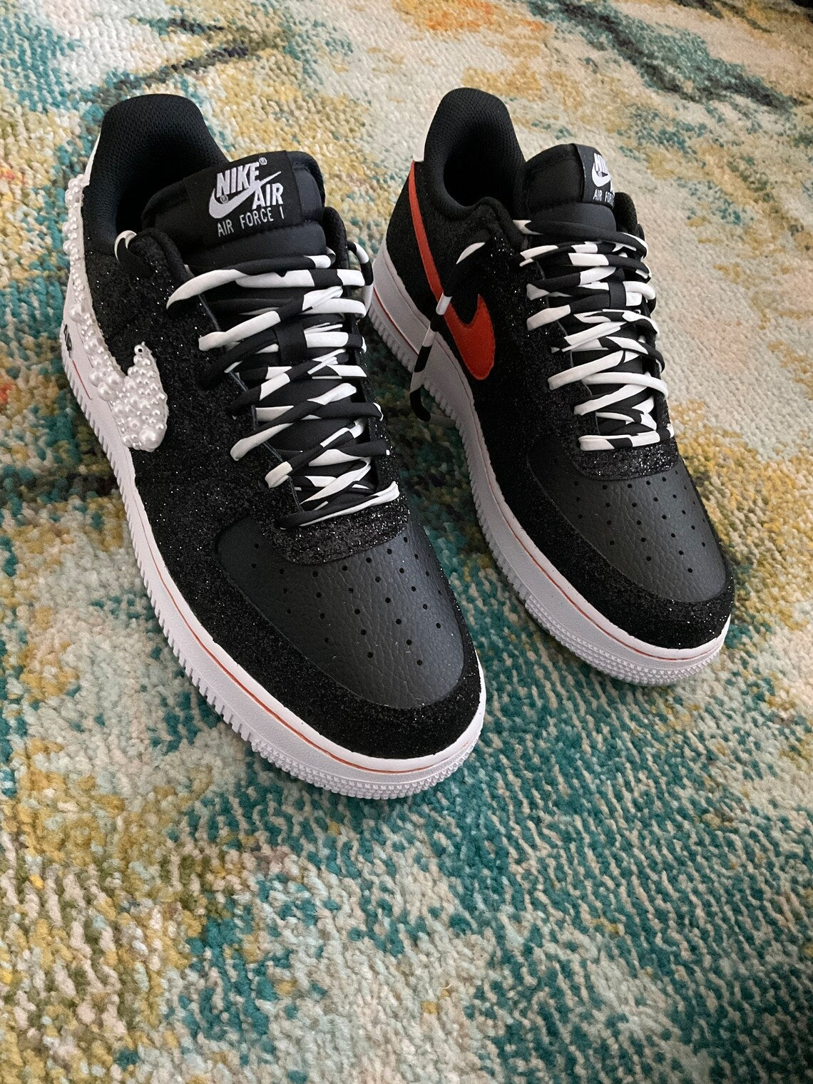 Custom Air Force 1 Black With Pearl And Glitter Design
