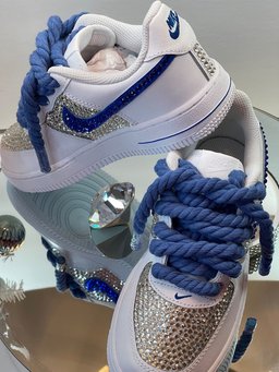Custom Air Force 1 White Blue With Rhinestones And Rope Laces - view 2