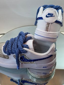 Custom Air Force 1 White Blue With Rhinestones And Rope Laces - view 3