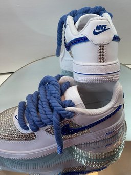 Custom Air Force 1 White Blue With Rhinestones And Rope Laces - view 4