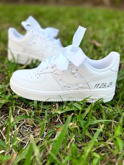 Custom Air Force 1 White With Pearl Embellishments And Ribbon Laces - view 2