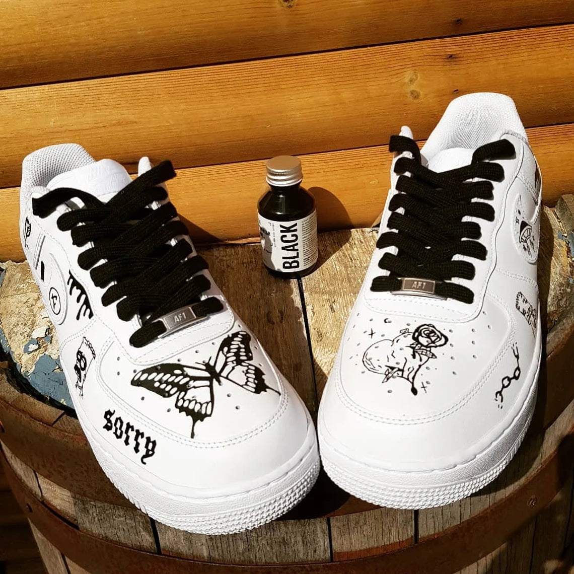Custom Air Force 1 White With Black Butterfly And Graffiti Patterns