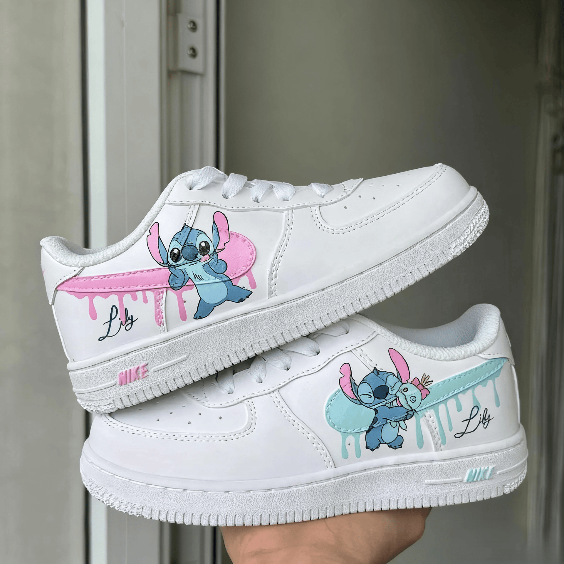 Custom Air Force 1 White With Stitch And Pink Teal Drip Patterns