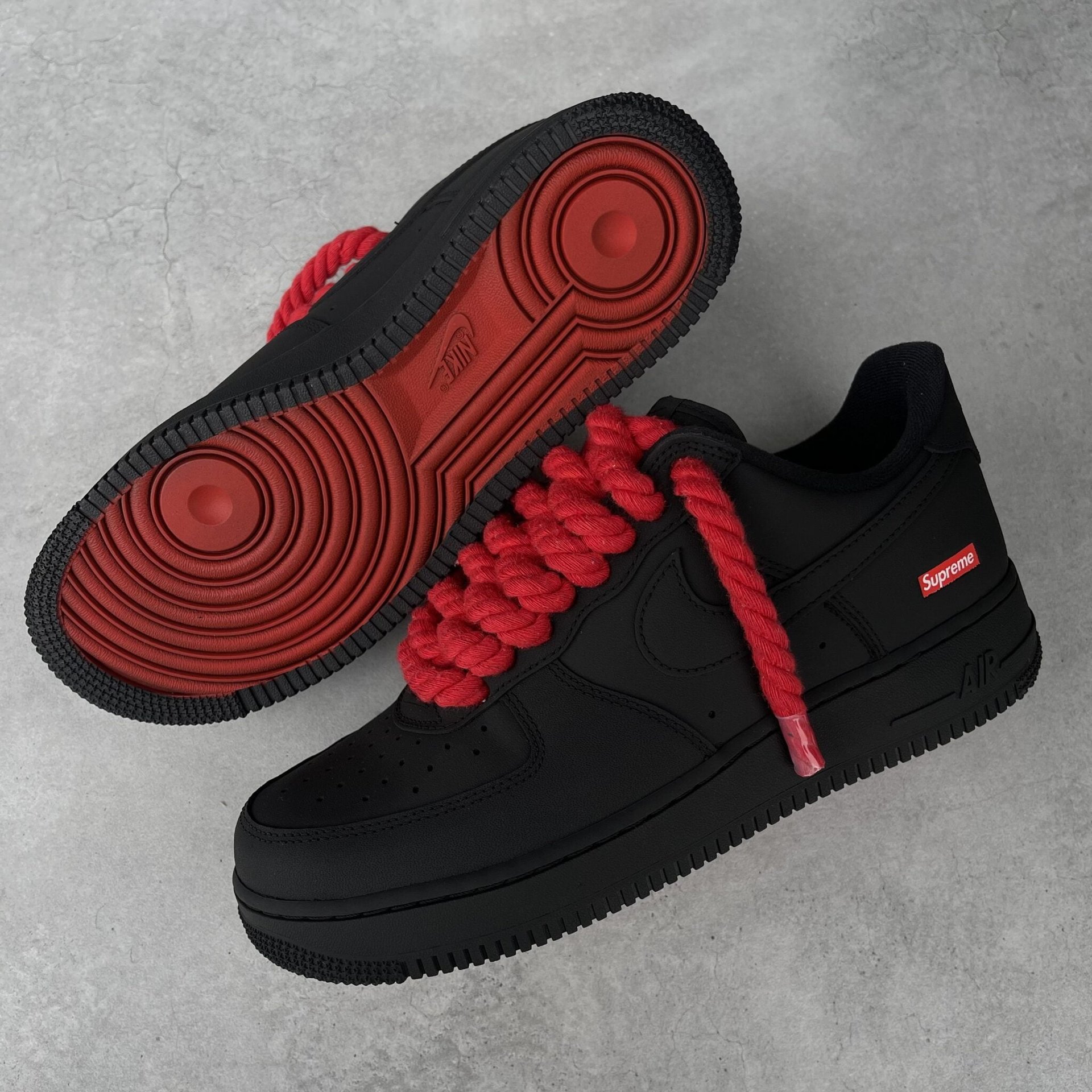 Custom Air Force 1 Black Red Rope Laces Supreme Logo
