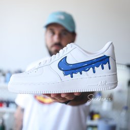 Custom Air Force 1 White With Dripping Blue Swoosh Design - view 2