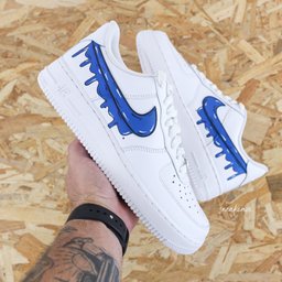 Custom Air Force 1 White With Dripping Blue Swoosh Design
