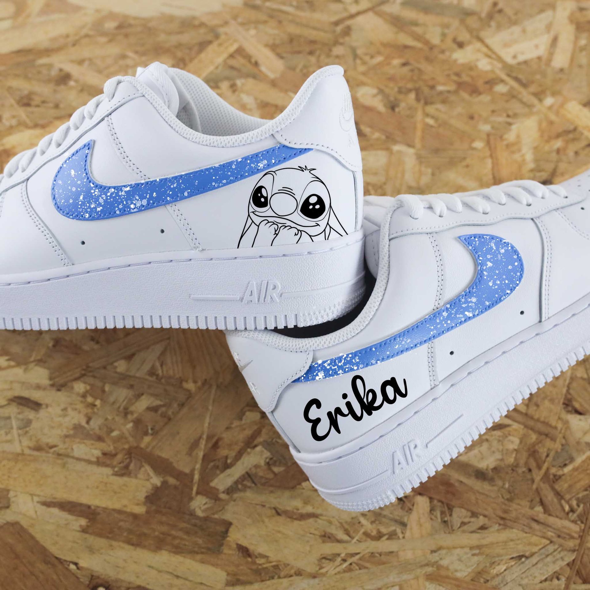 Custom Air Force 1 White With Baby Blue Glitter And Stitch Design