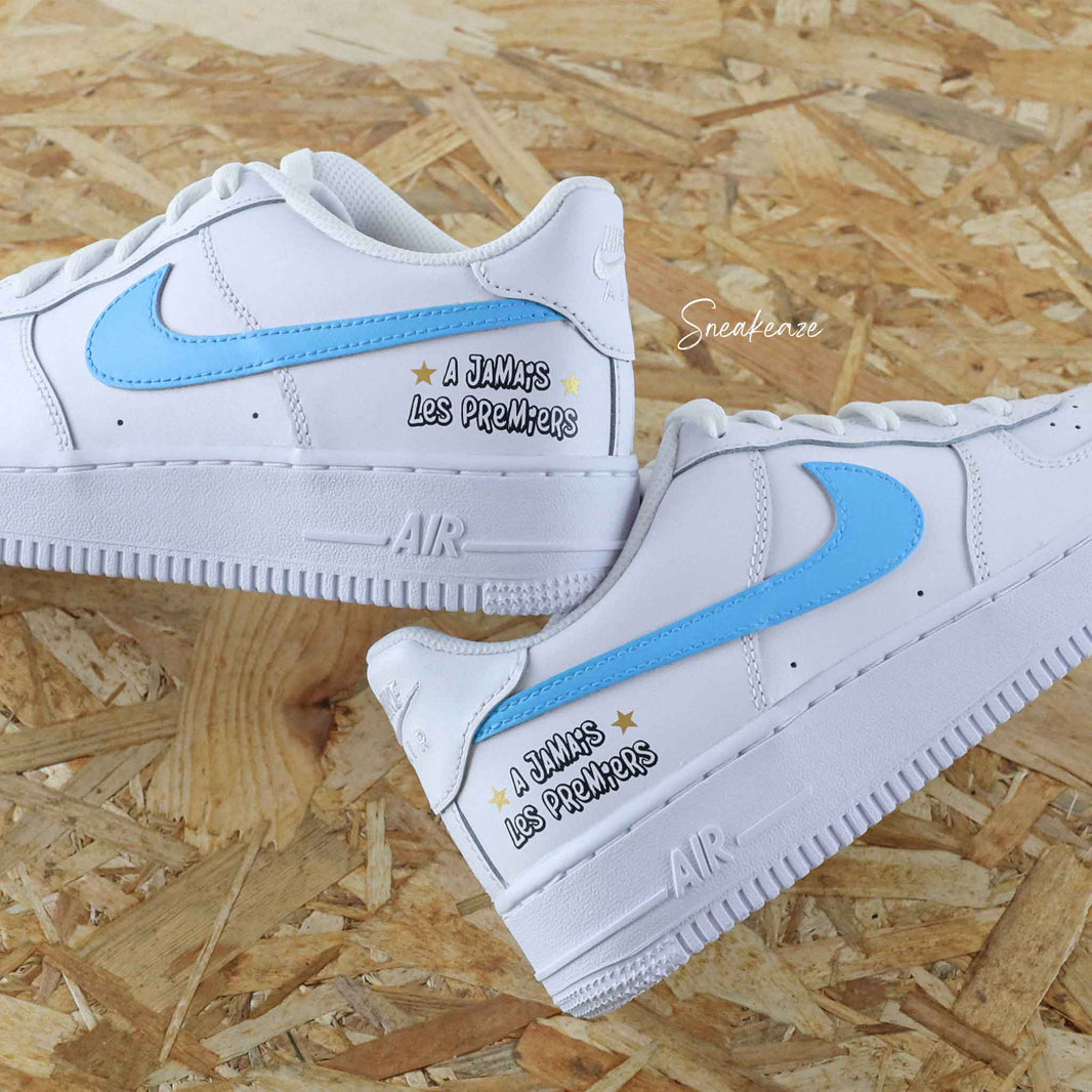 Custom Air Force 1 White Baby Blue Star And Text Graphic