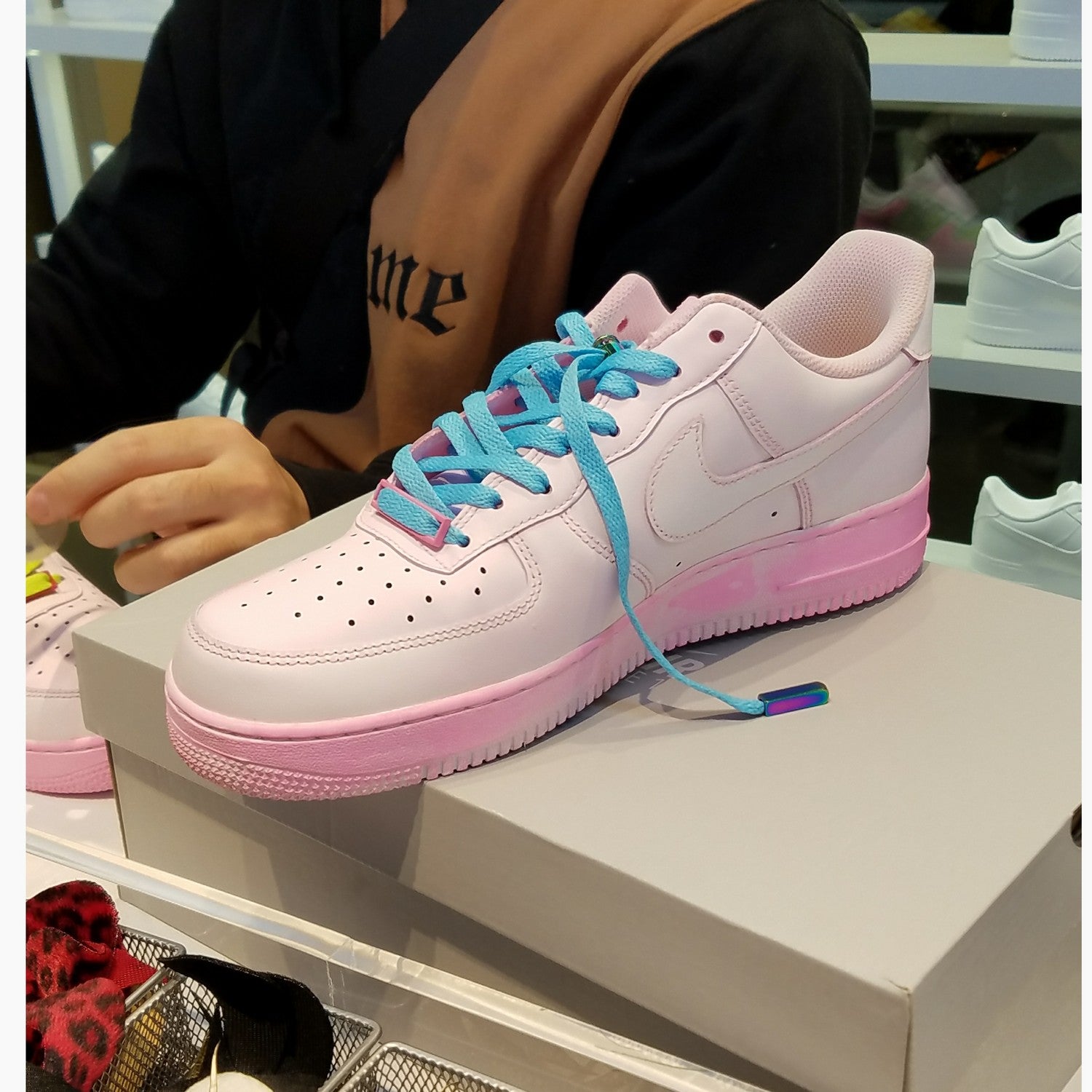 Custom Air Force 1 Baby Pink With Blue Laces