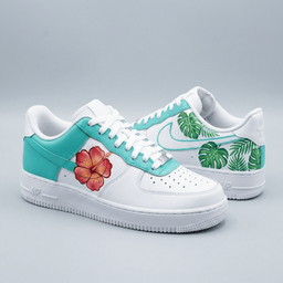 Hibiscus Flower Monstera Leaves Turquoise Green Custom Air Force 1