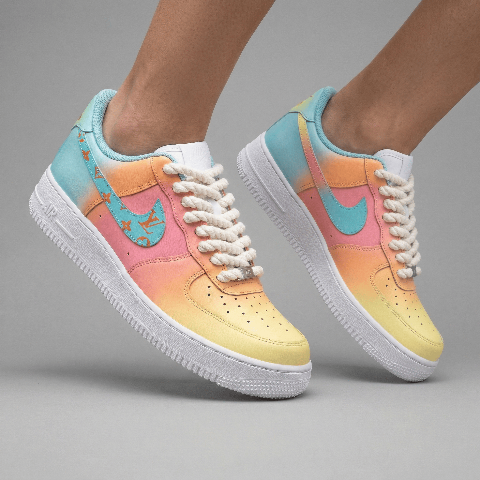 LV Logo Baby Blue Pink Yellow Orange Gradient Custom Air Force 1