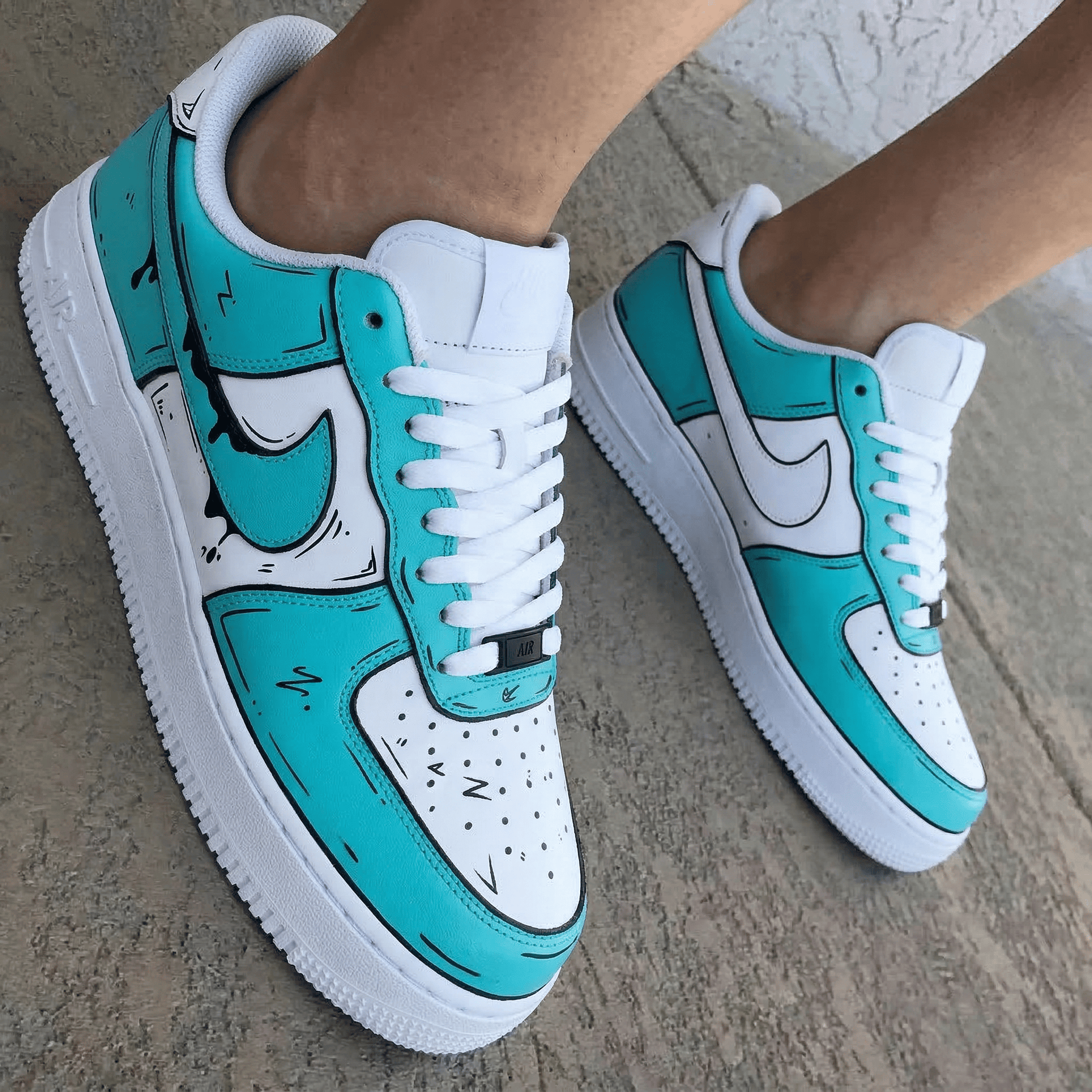 Cartoon Graffiti Teal White Custom Air Force 1