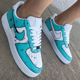 Cartoon Graffiti Teal White Custom Air Force 1