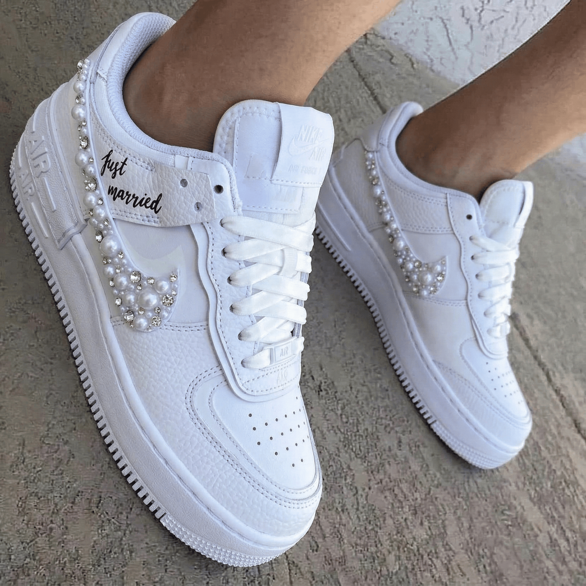 Pearl Rhinestone Just Married Black Custom Air Force 1 Shadow Weeding