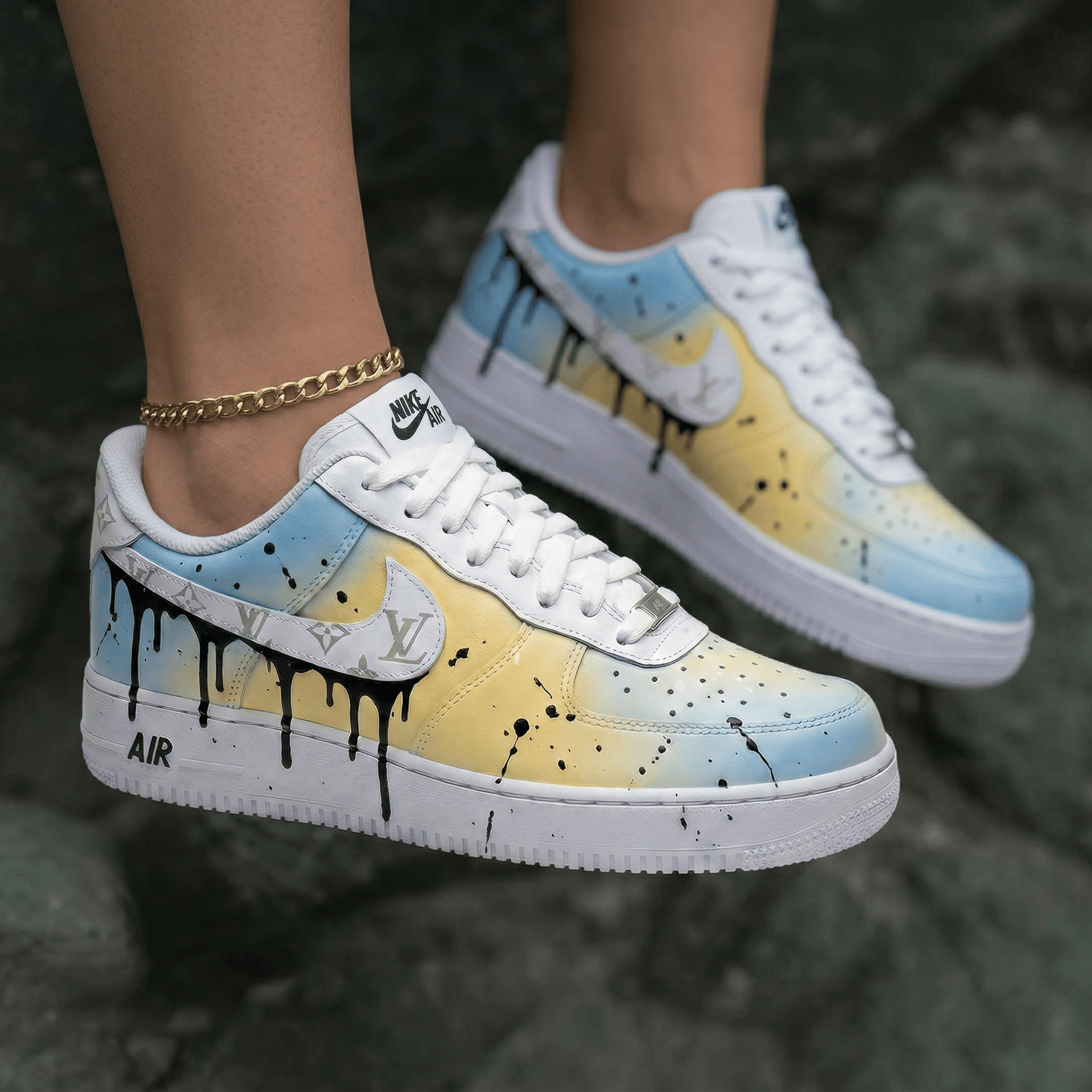 LV Drip Splatter Baby Blue Yellow Custom Air Force 1