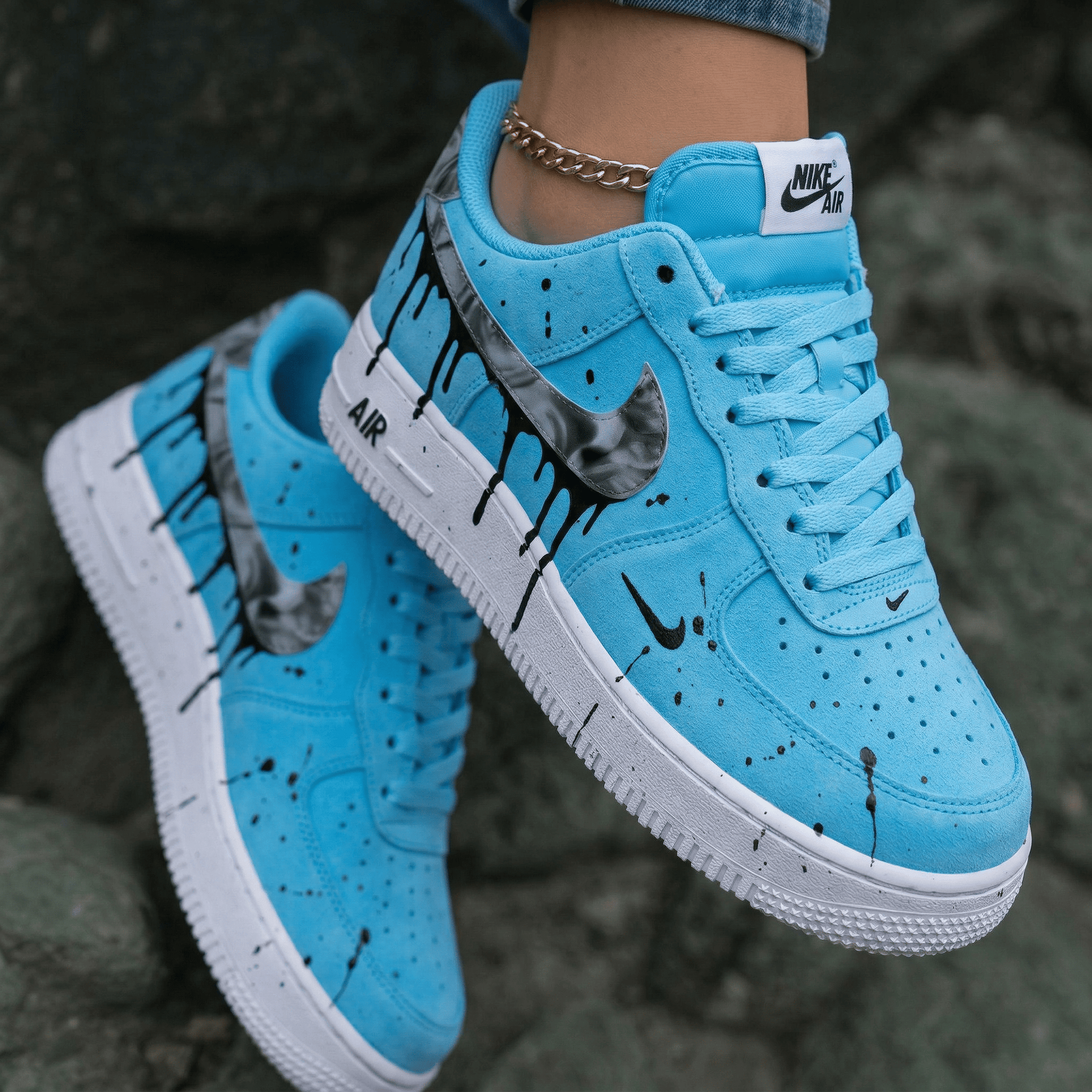 Black Drip Paint Splatter Marble Swoosh Baby Blue Custom Air Force 1